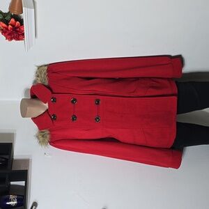 Womens Double Breasted Red Lined Faux Fur Hooded Jacket NWT